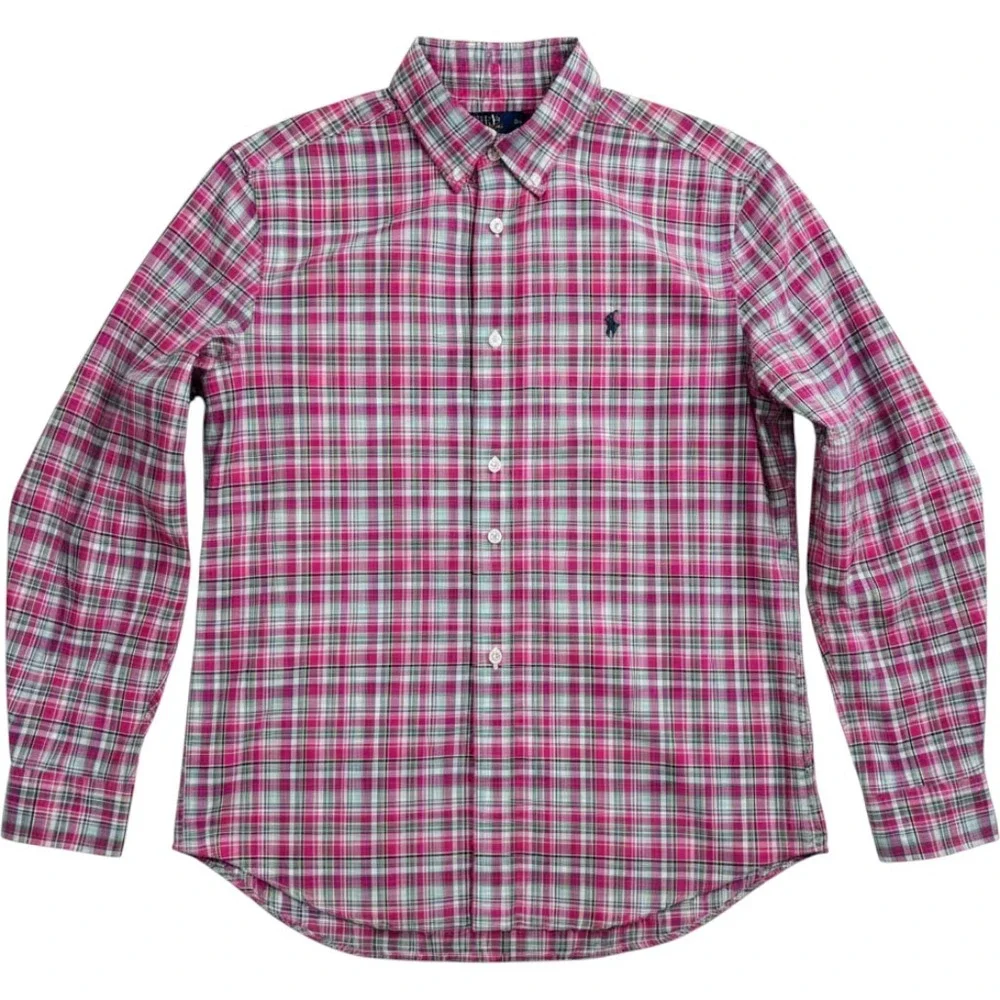 Ralph Lauren Button Down Kids Large (14-16) Pink Plaid Stretch Preppy Pony Logo